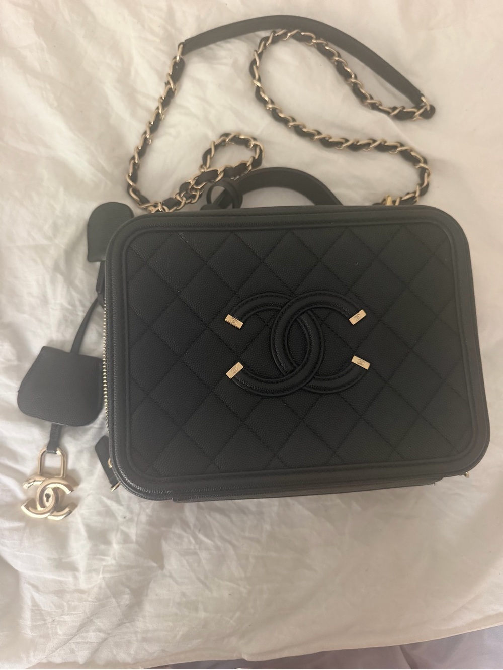 CHANEL Black Quilted Vanity Crossbody with Gold Chain